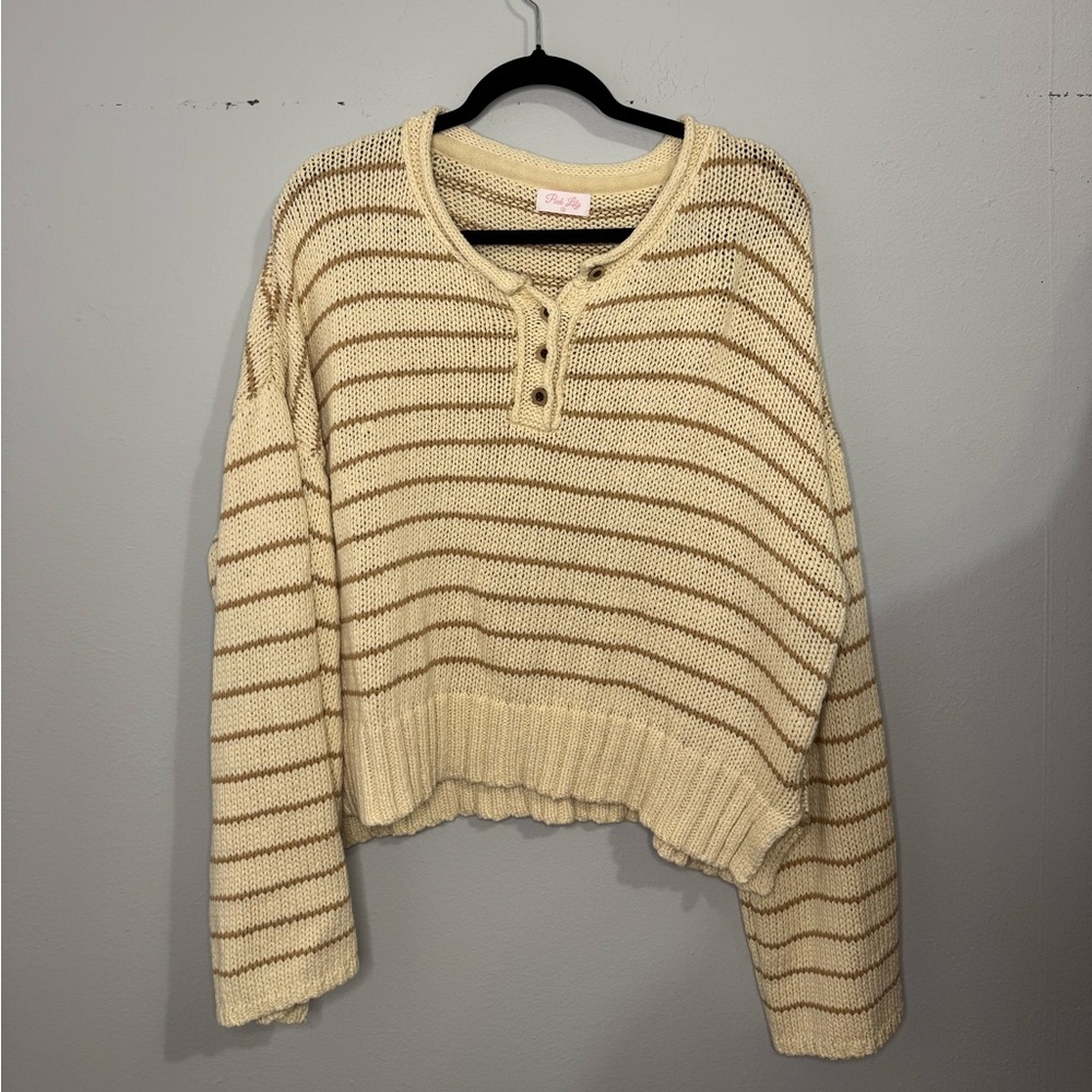 Pink Lily Cream and Tan Knit Sweater